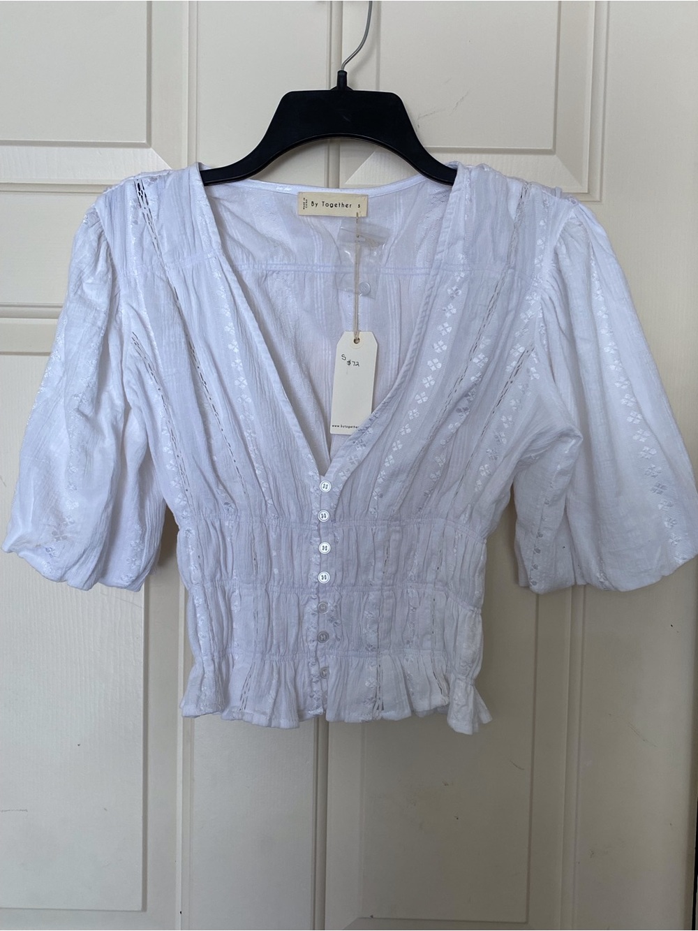 Together White Eyelet Button-Front Smocked Peasant Blouse